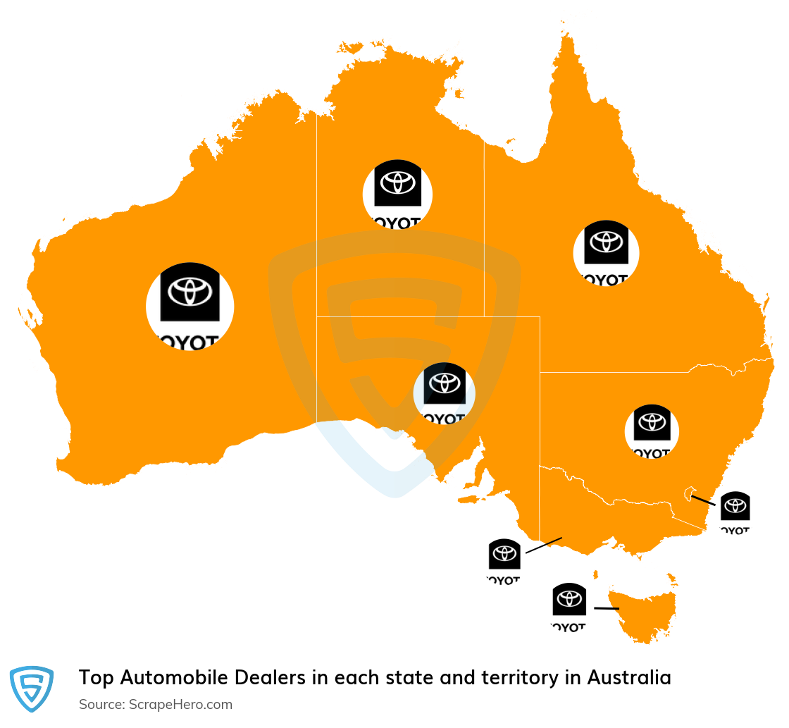 Map of top automobile dealers in each state and territory in Australia in 2025