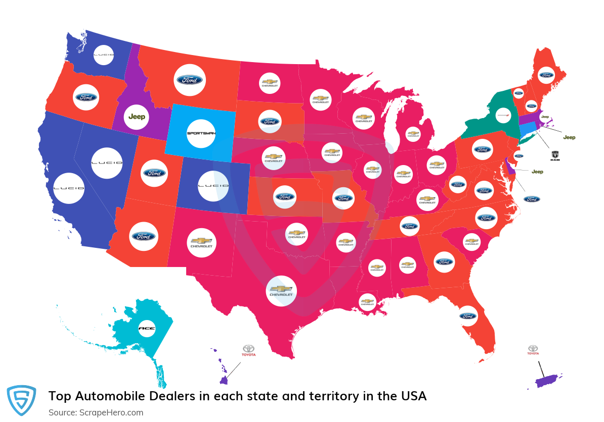 Map of top automobile dealers in each state and territory in the United States in 2022