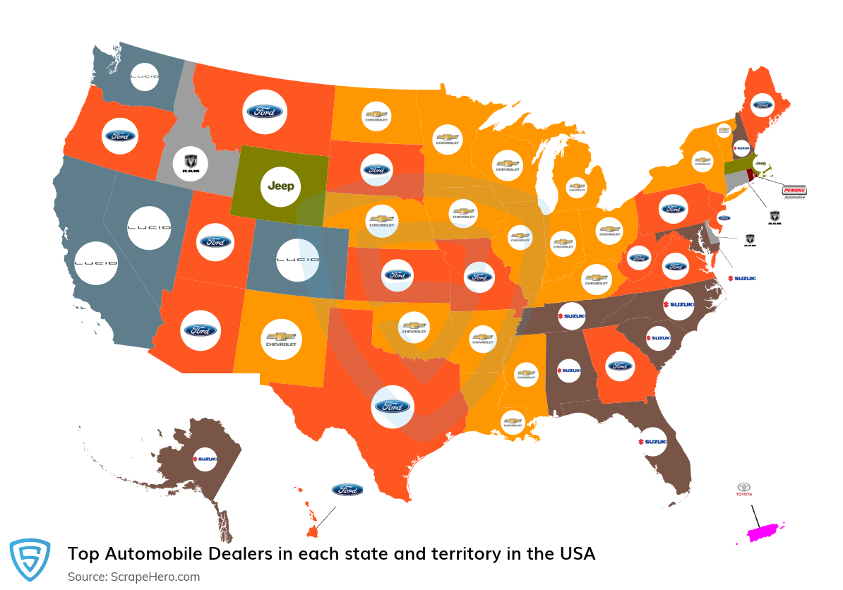 Map of top automobile dealers in each state and territory in the United States in 2024