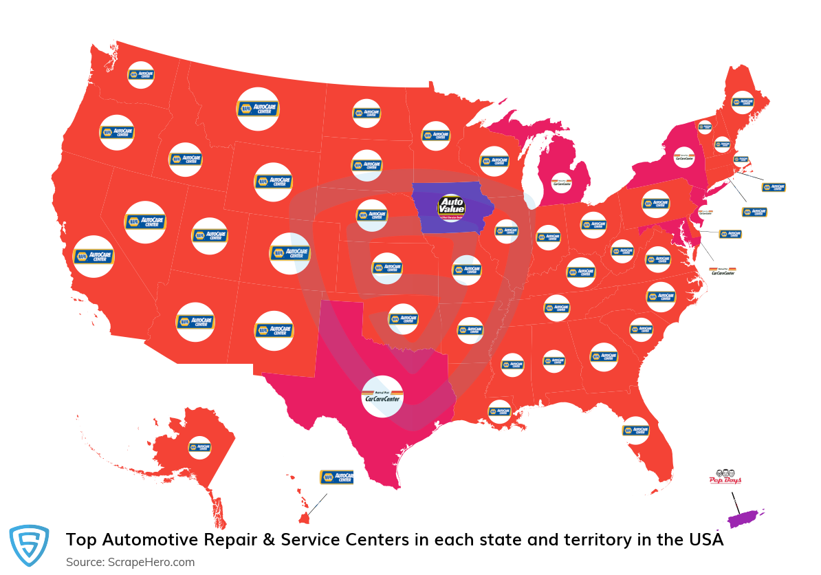 Map of top automotive repair & service centers in each state and territory in the United States in 2025