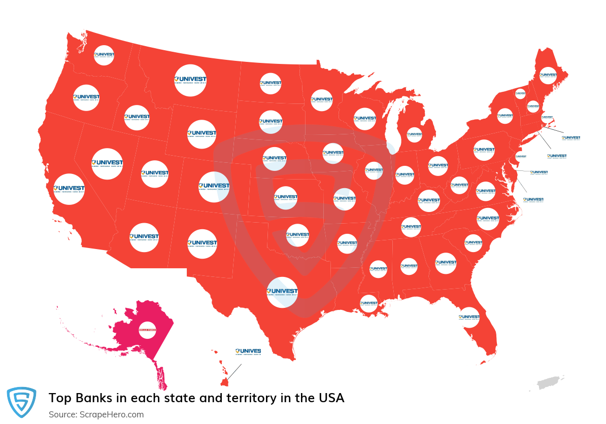 Map of largest banks in each state and territory in the United States in 2025