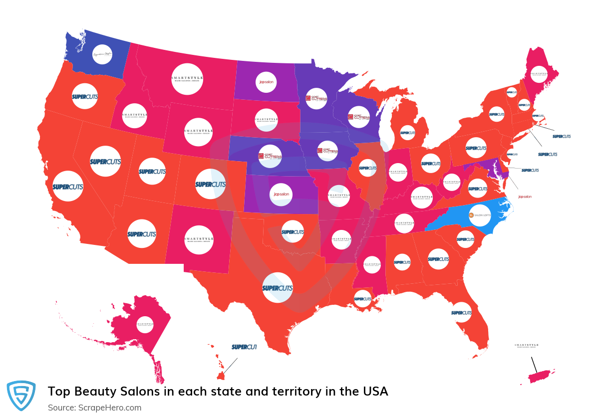 Map of largest beauty salons in each state and territory in the United States in 2025