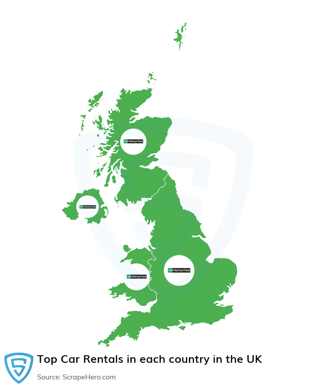 Map of top car rentals in each country in the United Kingdom in 2025
