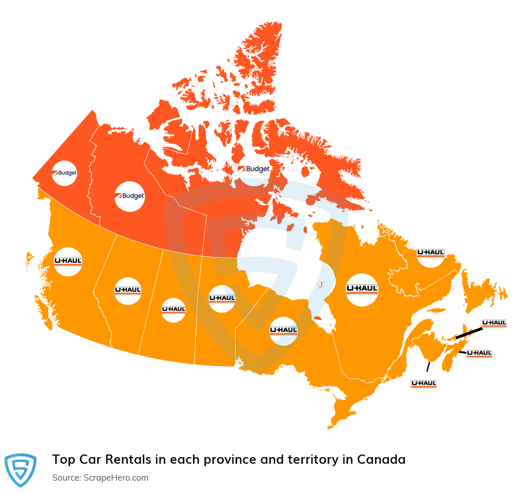 Map of top car rentals in each province and territory in Canada in 2025