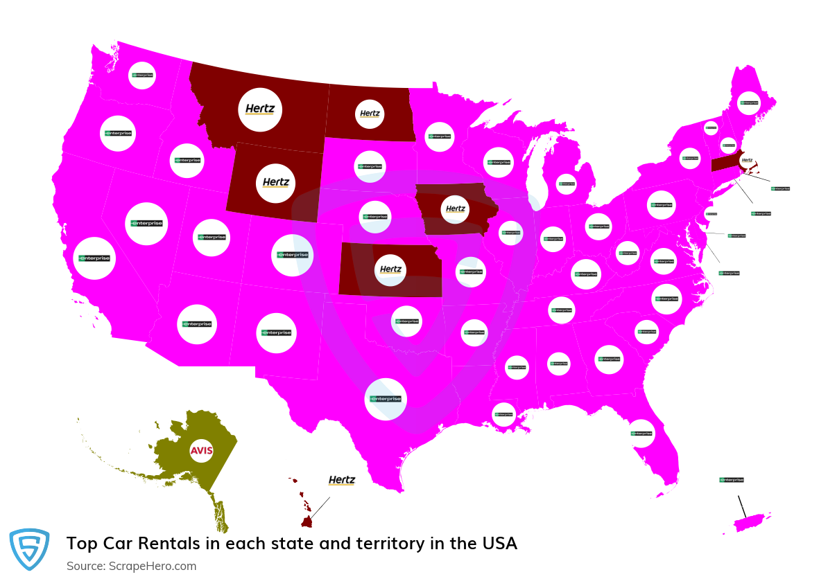 Map of top car rentals in each state and territory in the United States in 2025