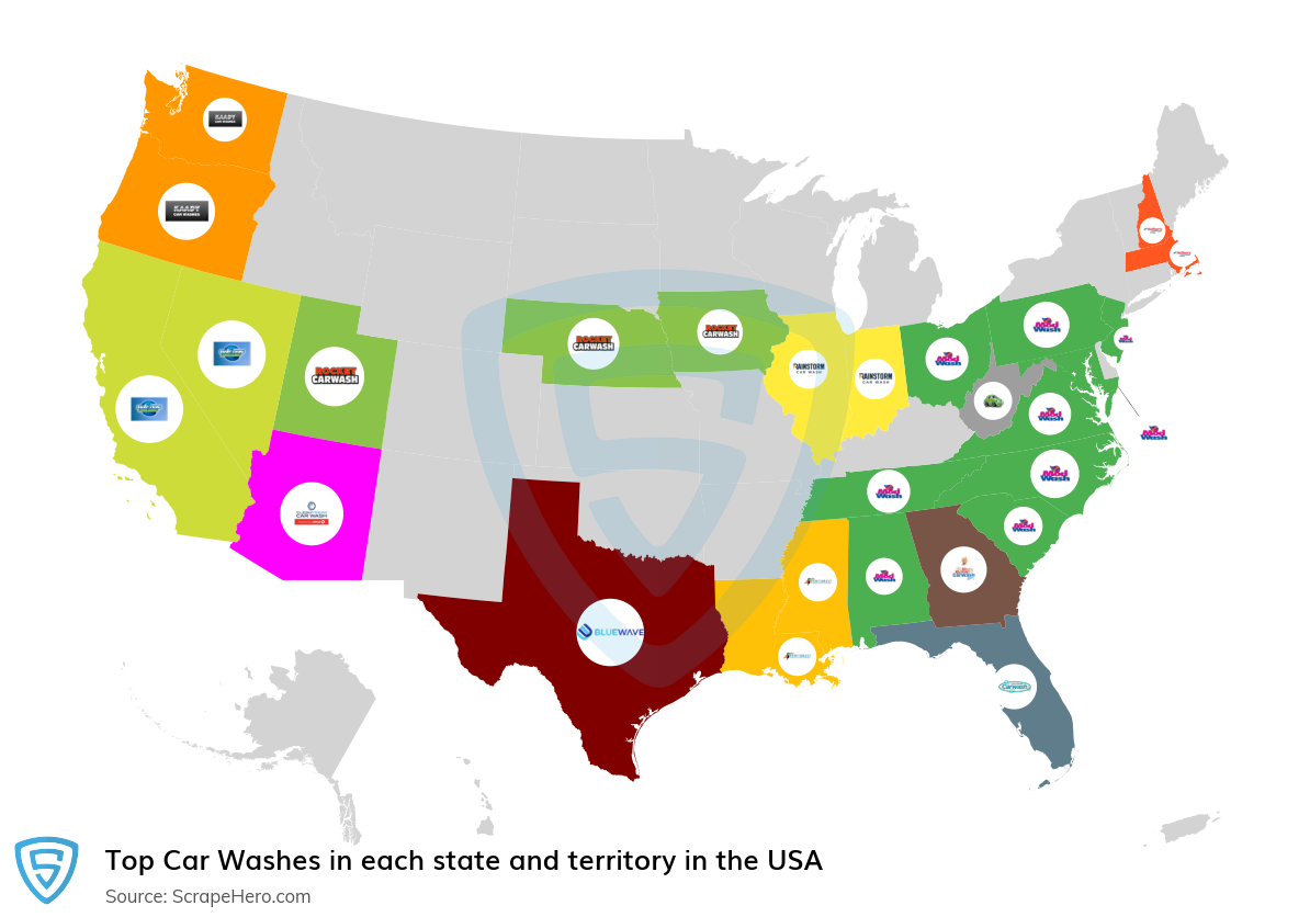Map of top car washes in each state and territory in the United States in 2025