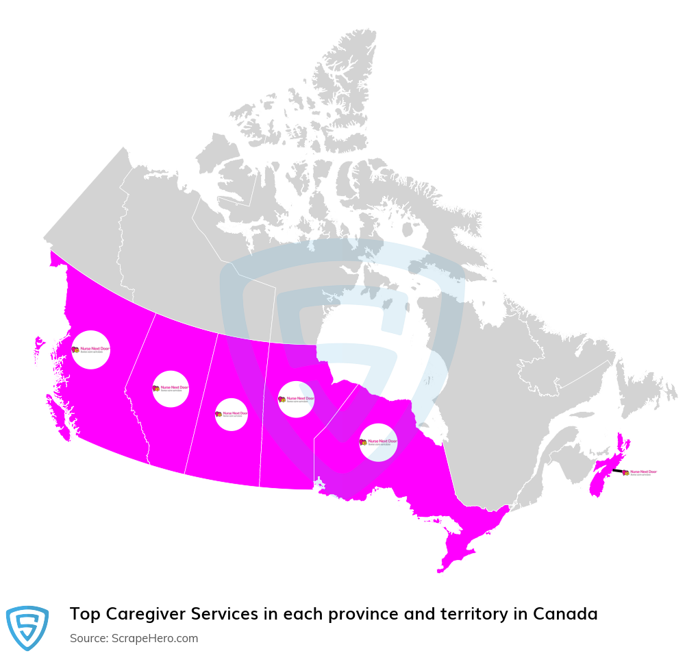 Map of top caregiver services in each province and territory in Canada in 2024