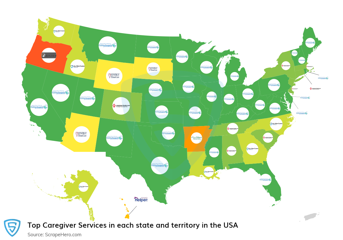 Map of top caregiver services in each state and territory in the United States in 2023