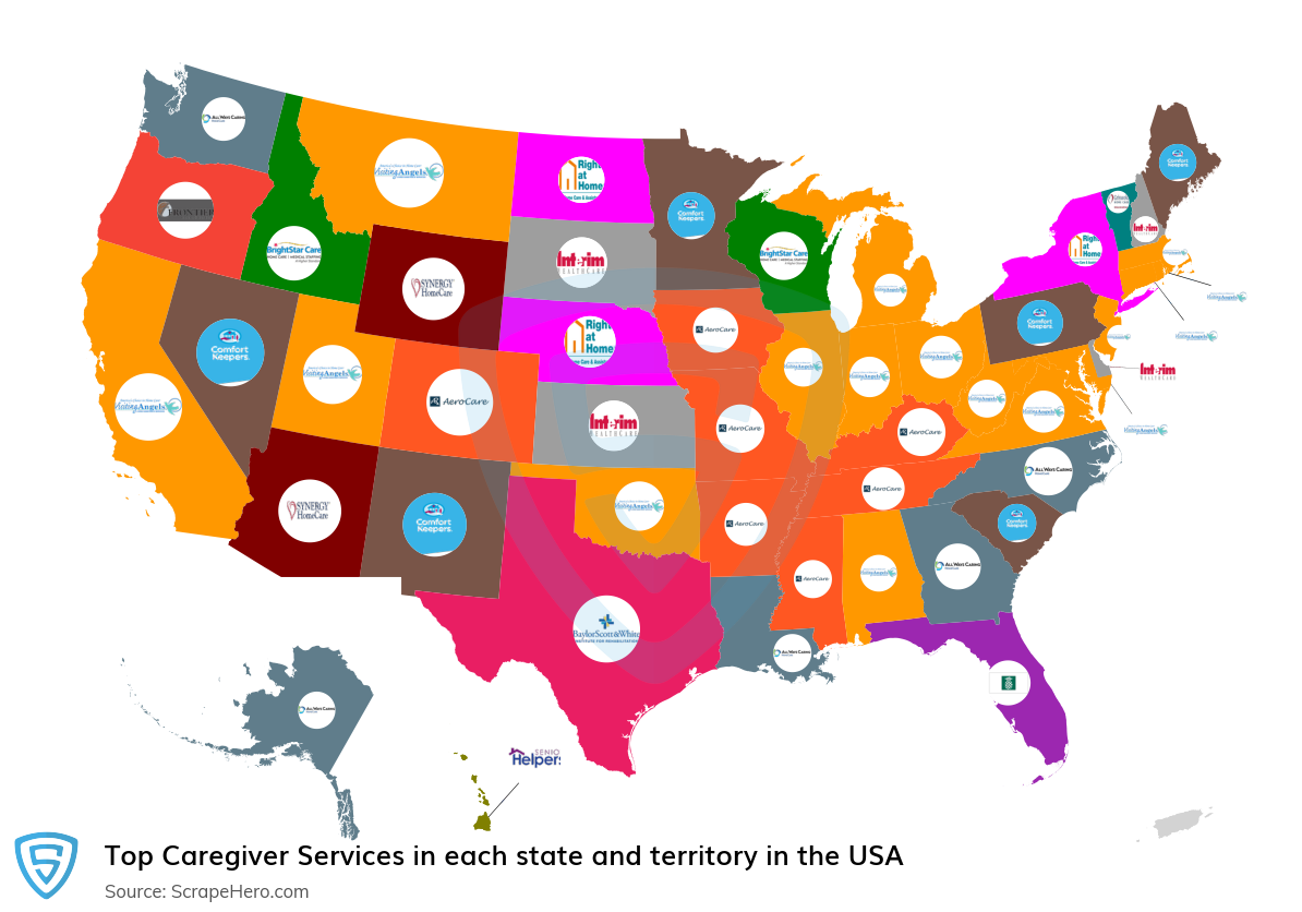 Map of largest caregiver services in each state and territory in the United States in 2024