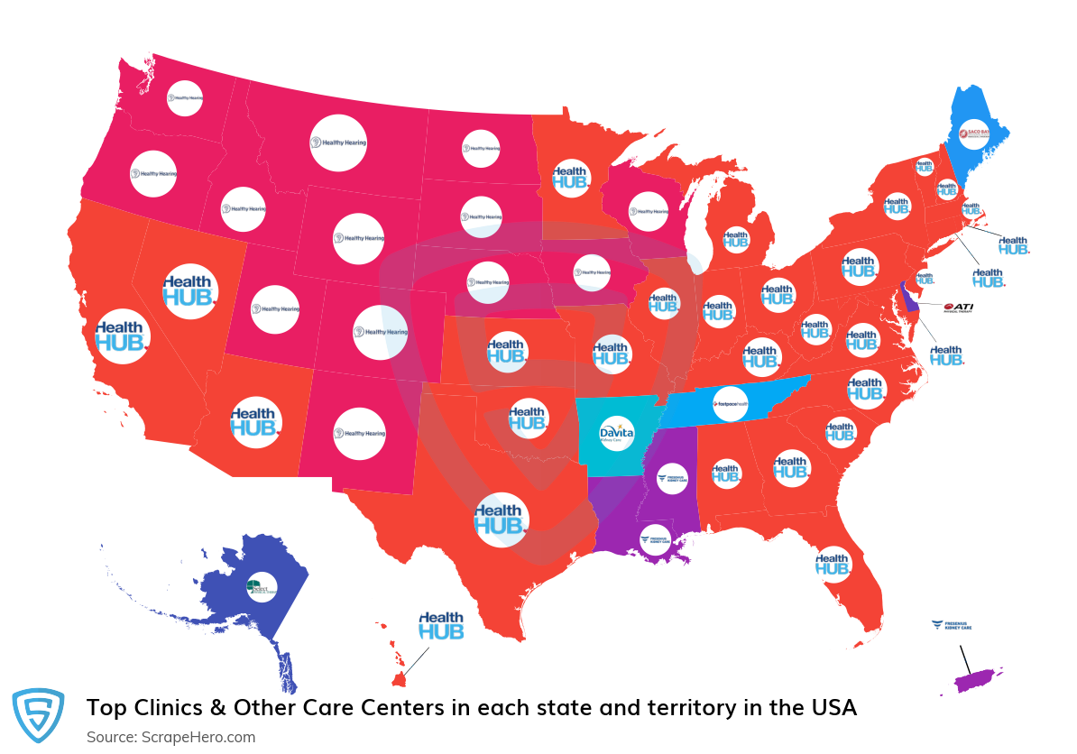 Map of top clinics & other care centers in each state and territory in the United States in 2025