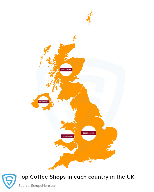 Map of top coffee shops in each country in the United Kingdom in 2024