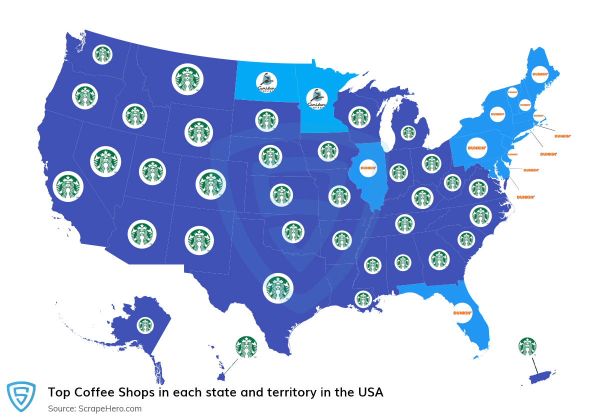 Map of largest coffee shops in each state and territory in the United States in 2024