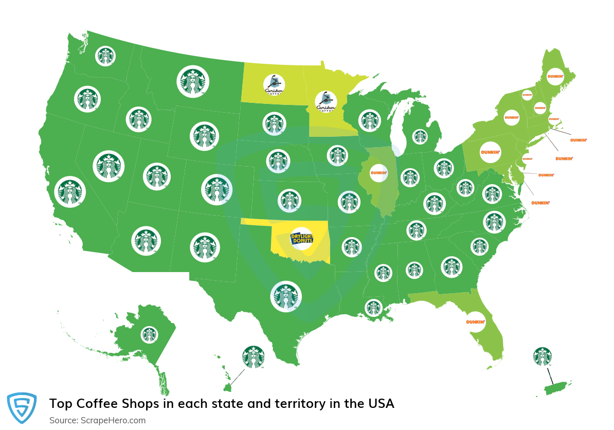 Map of top coffee shops in each state and territory in the United States in 2024