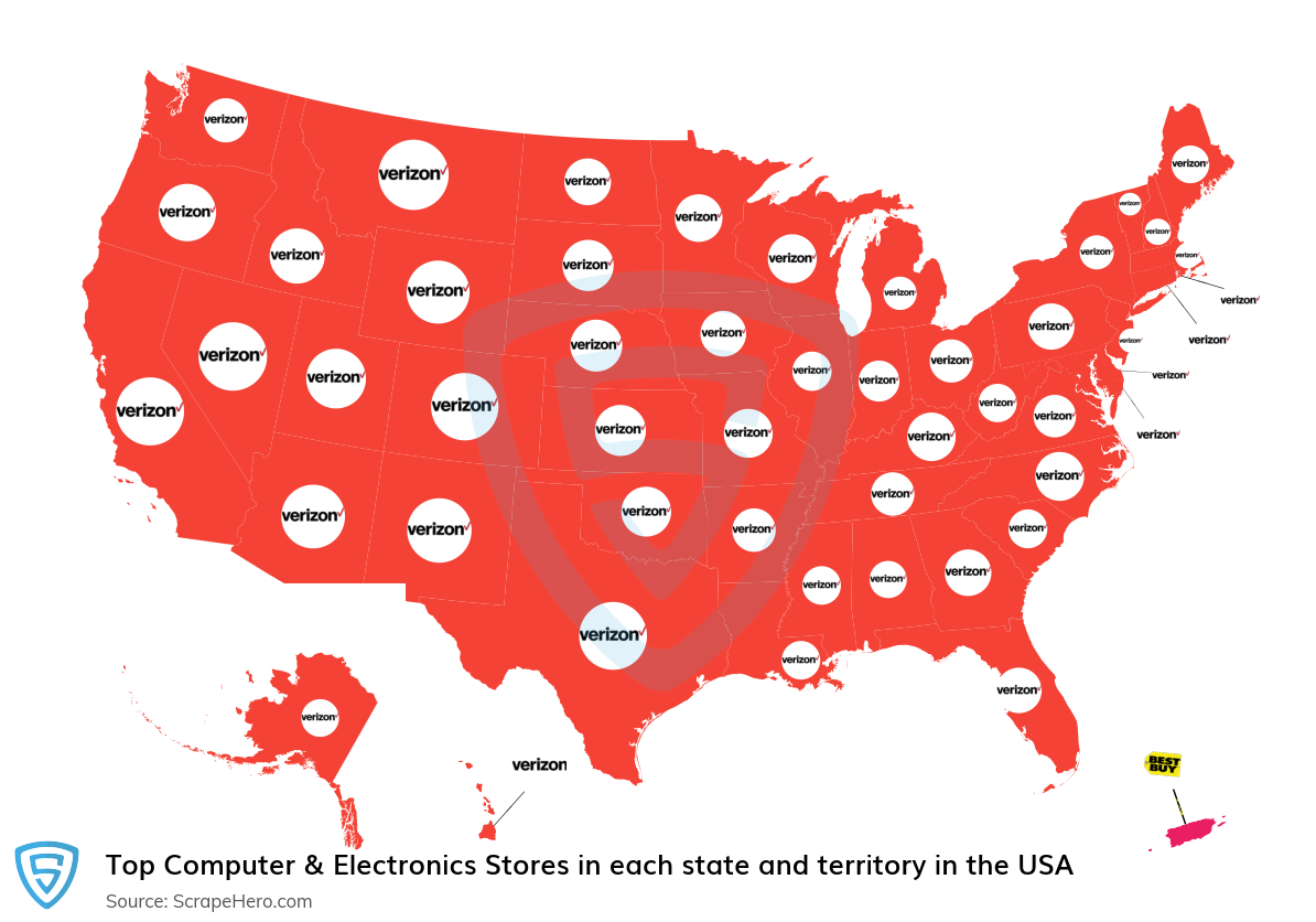 Map of largest computer & electronics stores in each state and territory in the United States in 2025