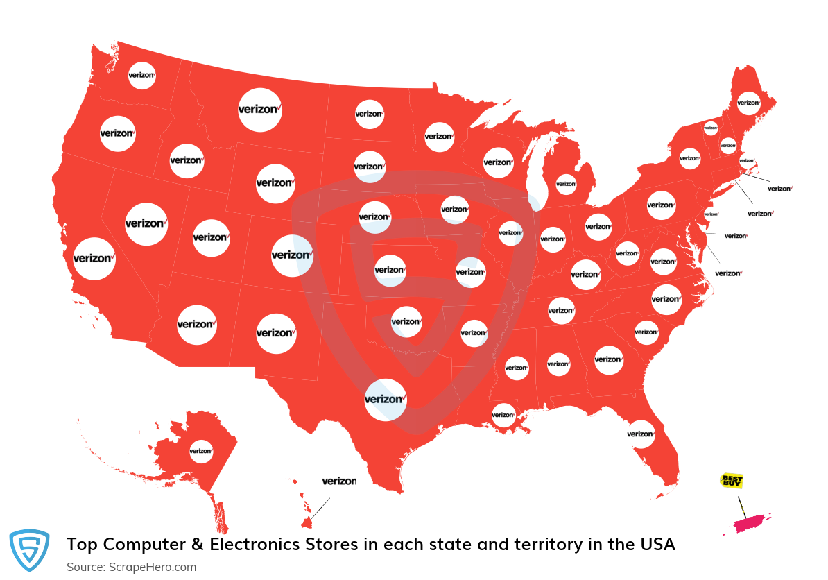 Map of largest computer & electronics stores in each state and territory in the United States in 2024