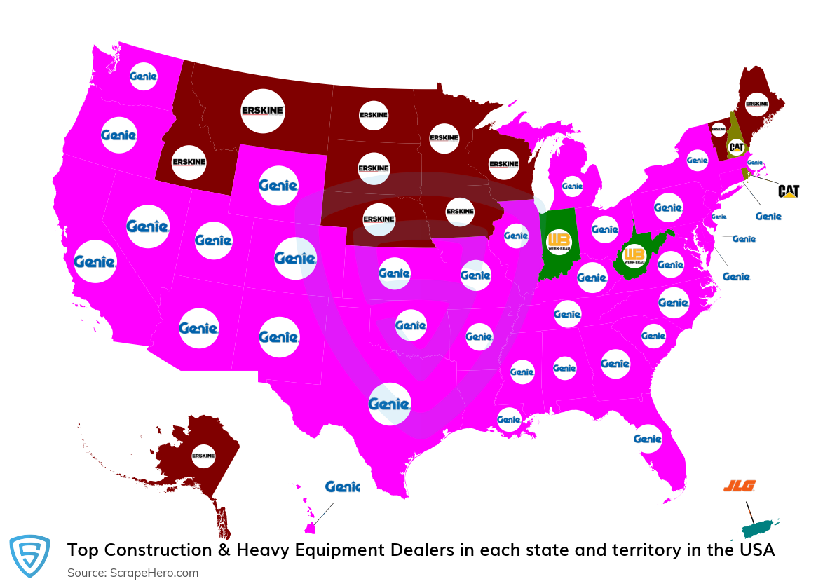 Map of top construction & heavy equipment dealers in each state and territory in the United States in 2025
