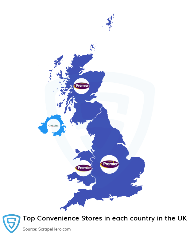 Map of top convenience stores in each country in the United Kingdom in 2025