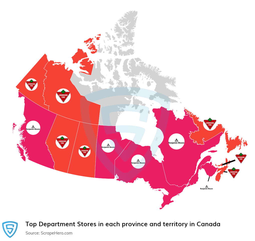 Map of top department stores in each province and territory in Canada in 2024