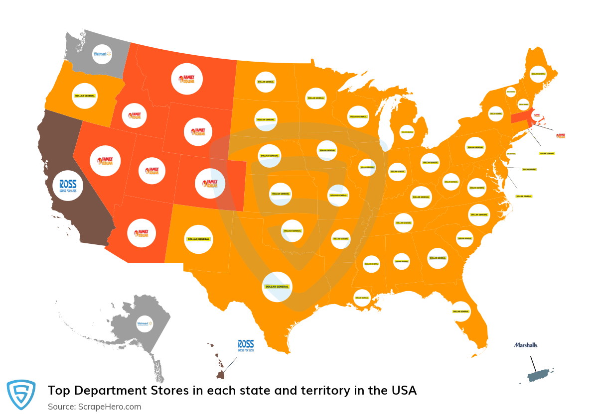 Map of largest department stores in each state and territory in the United States in 2024