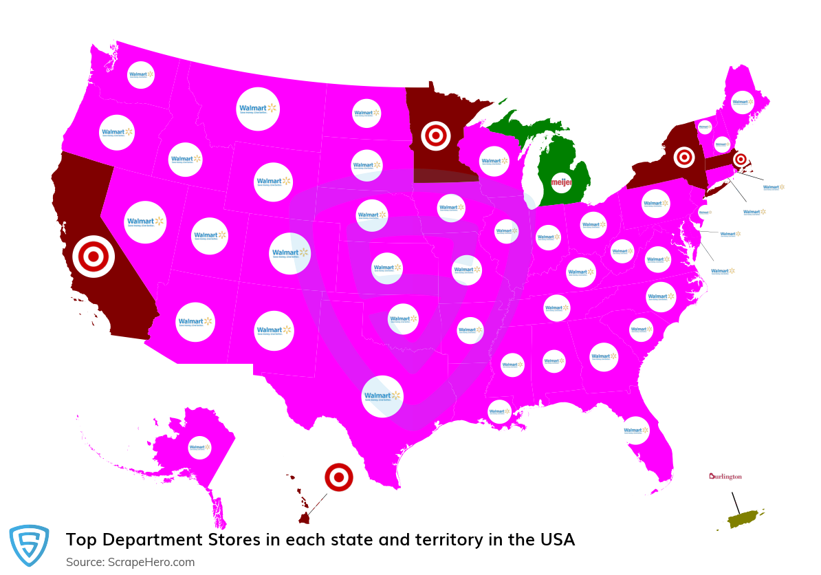 Map of top department stores in each state and territory in the United States in 2024