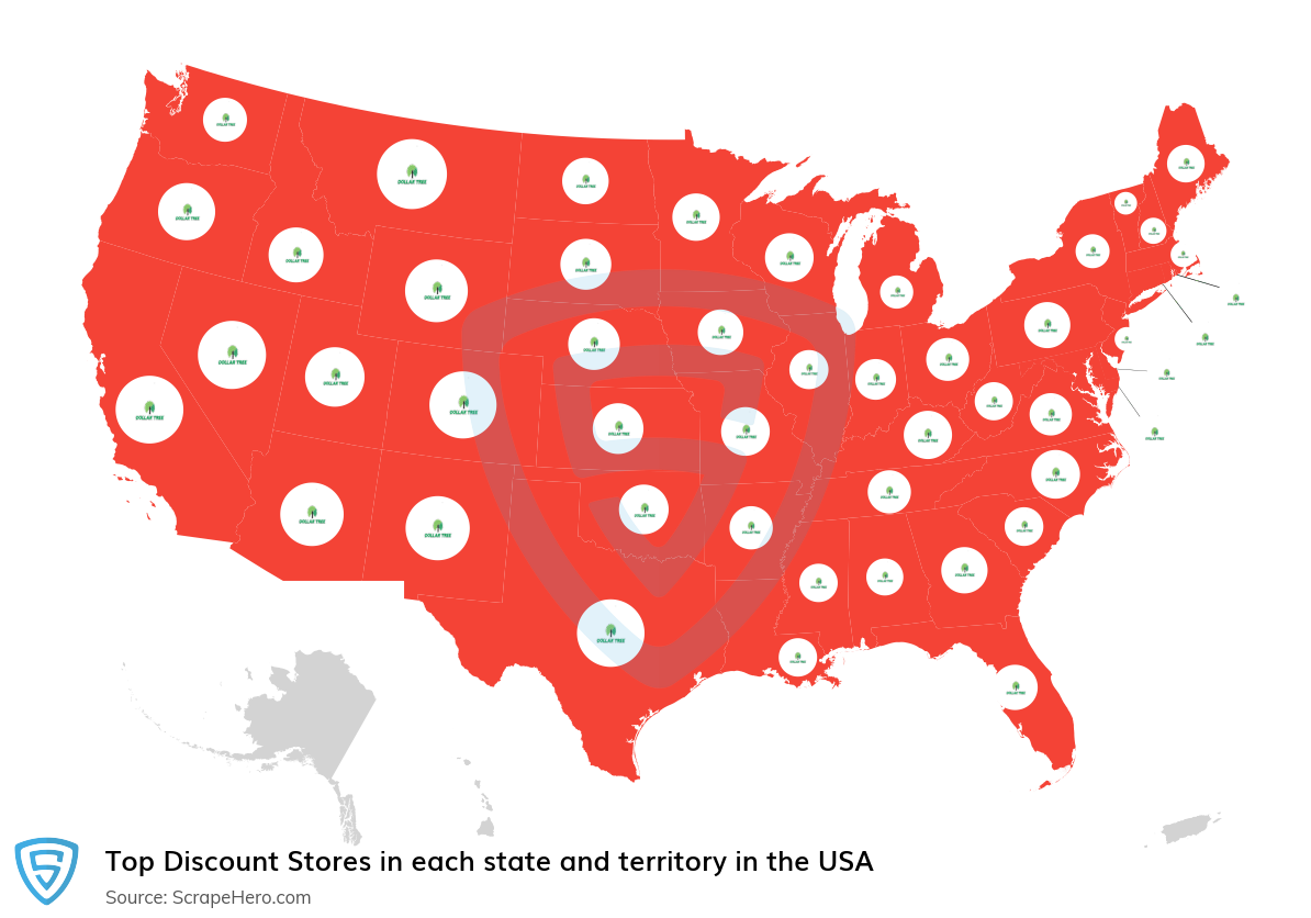 Map of largest discount stores in each state and territory in the United States in 2024