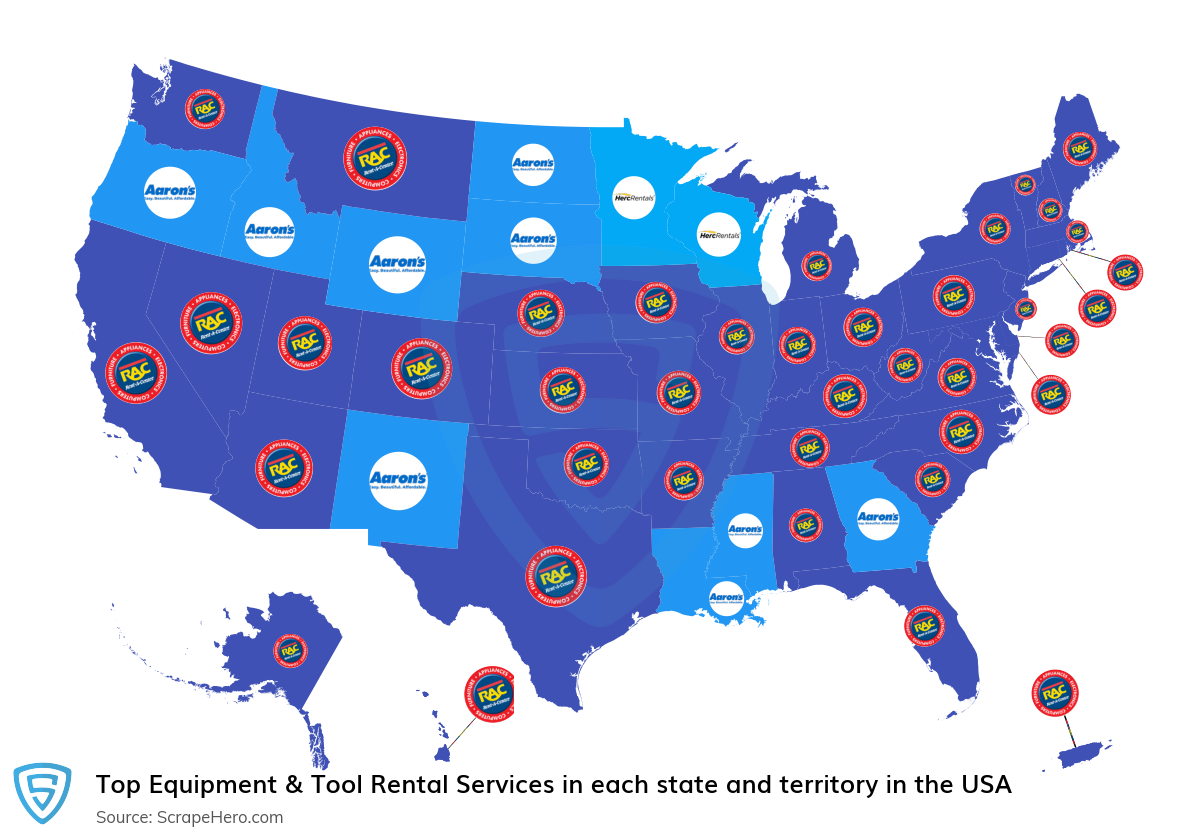 Map of largest equipment & tool rental services in each state and territory in the United States in 2025
