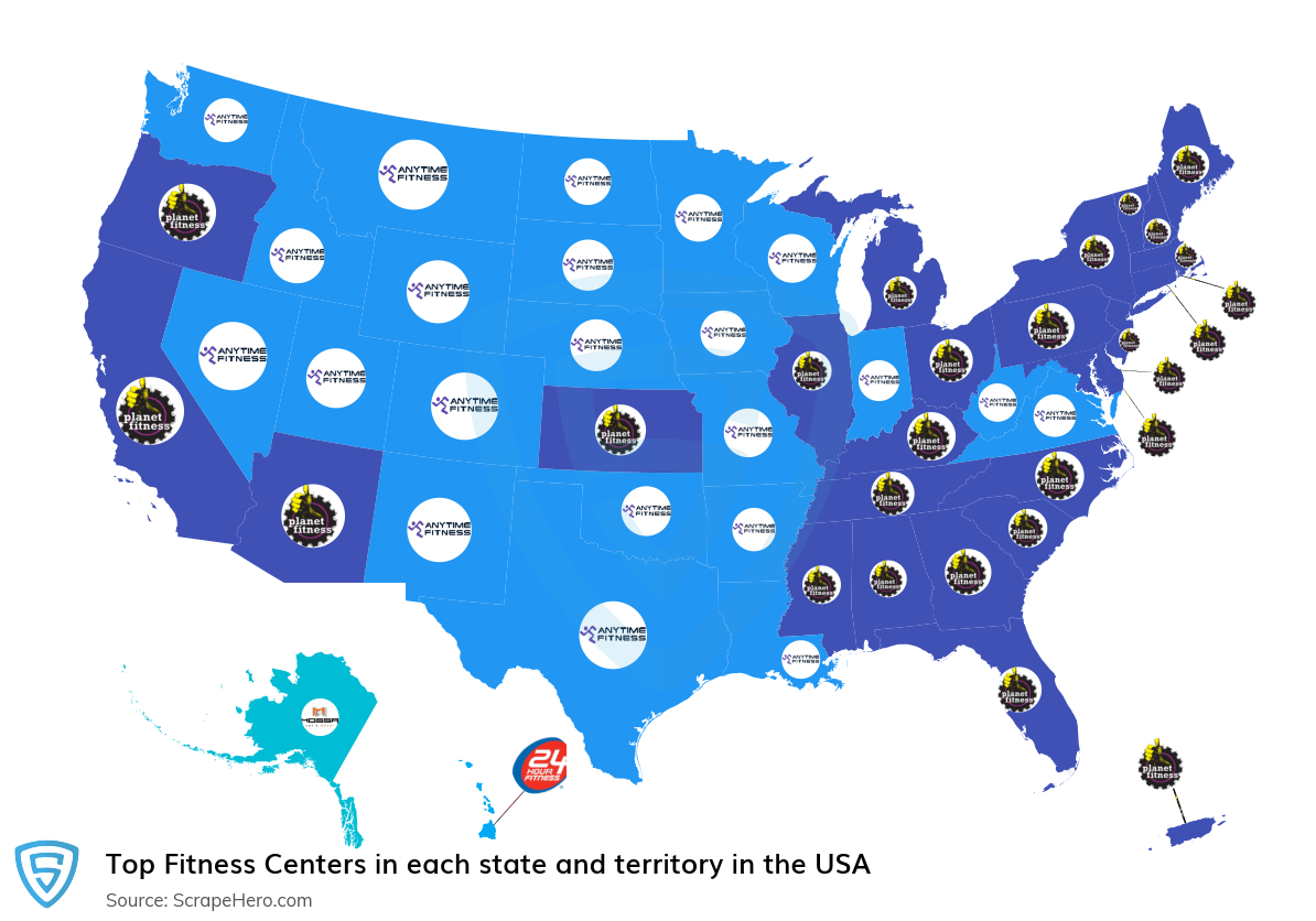 Map of largest fitness centers in each state and territory in the United States in 2025