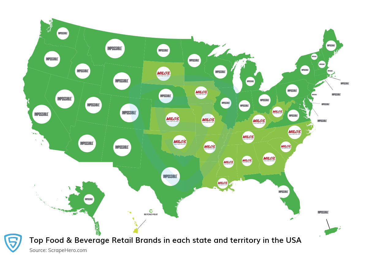 Map of top food & beverage retail brands in each state and territory in the United States in 2025