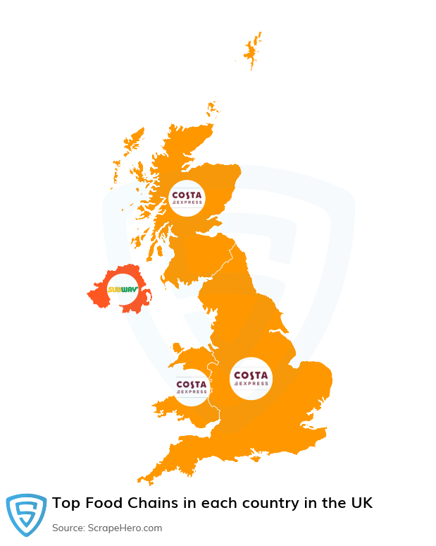 Map of largest food chains in each country in the United Kingdom in 2025