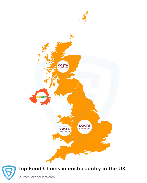 Map of top food chains in each country in the United Kingdom in 2024