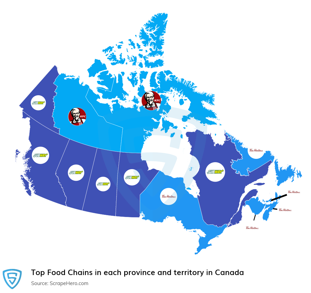 Map of top food chains in each province and territory in Canada in 2023
