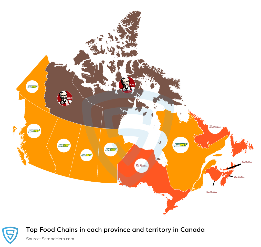 Map of top food chains in each province and territory in Canada in 2024