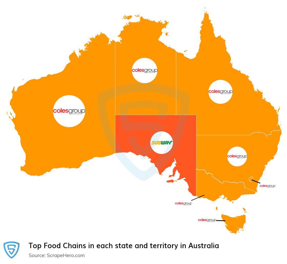 Map of top food chains in each state and territory in Australia in 2024