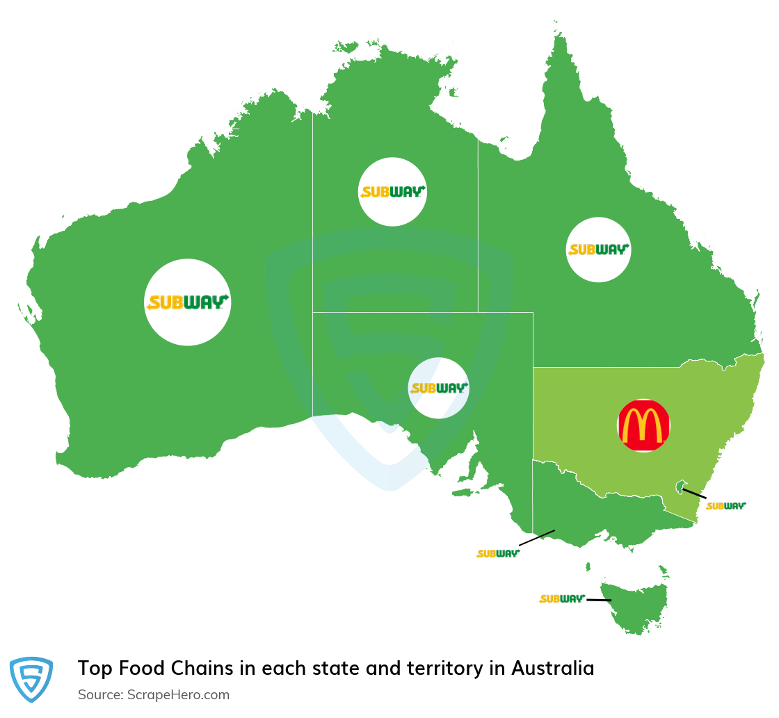 Map of top food chains in each state and territory in Australia in 2024