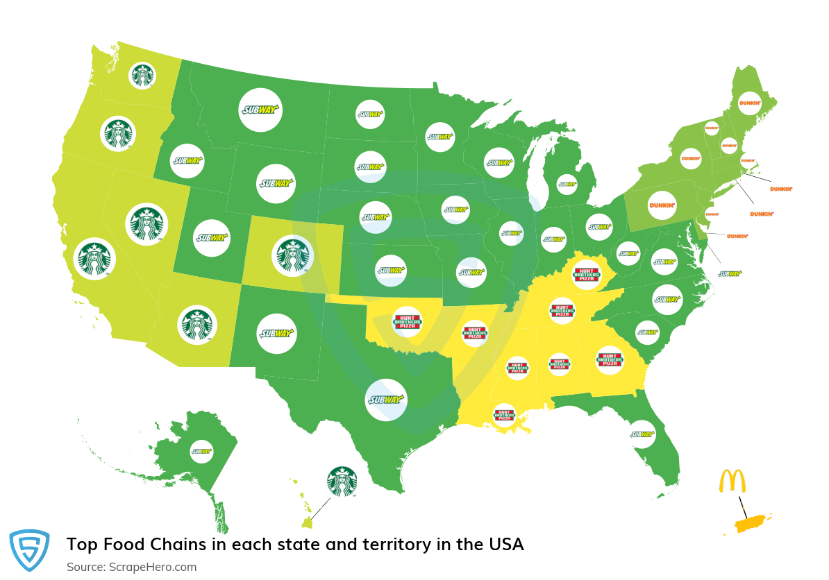 Map of top food chains in each state and territory in the United States in 2024