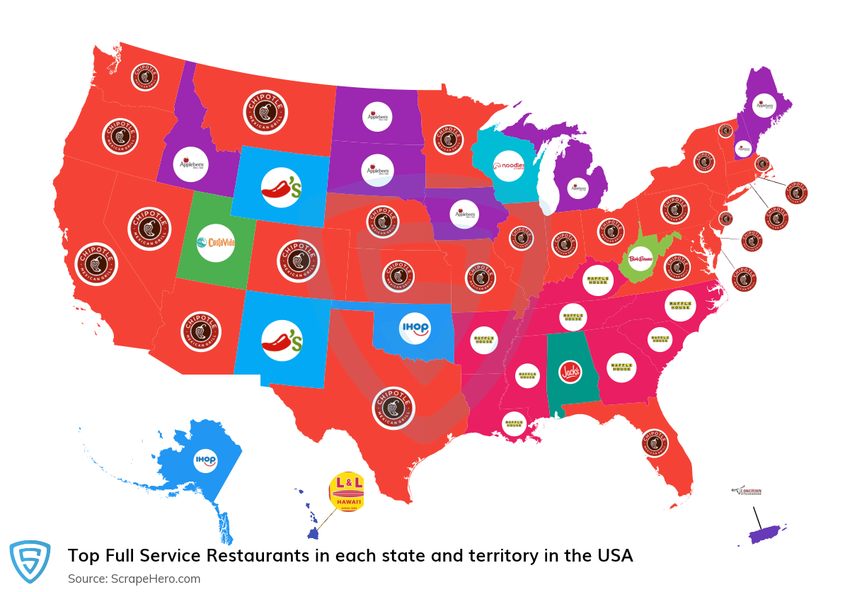 Map of top full service restaurants in each state and territory in the United States in 2025