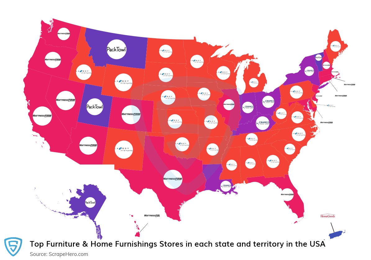Map of top furniture & home furnishings stores in each state and territory in the United States in 2025