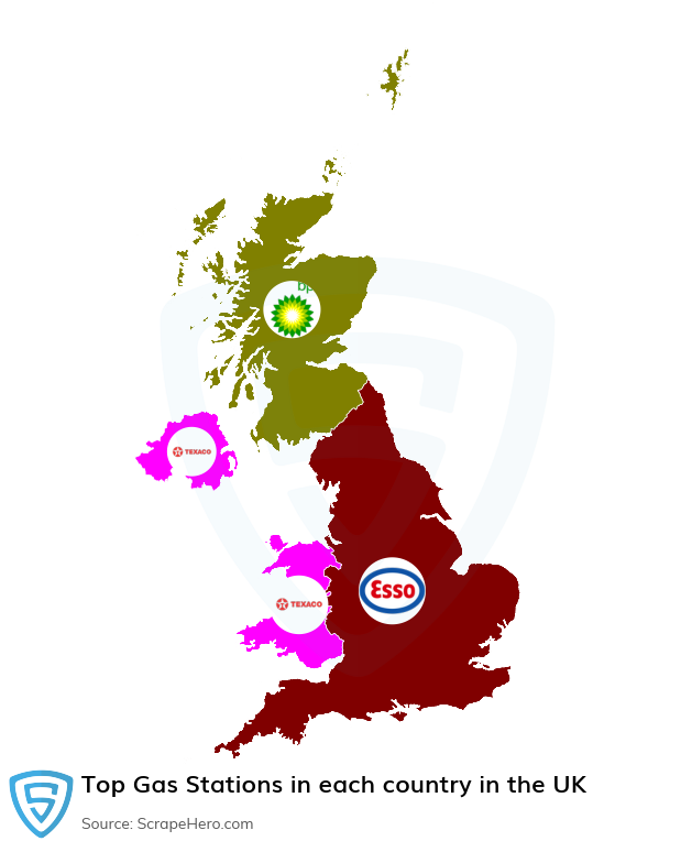 Map of top gas stations in each country in the United Kingdom in 2025