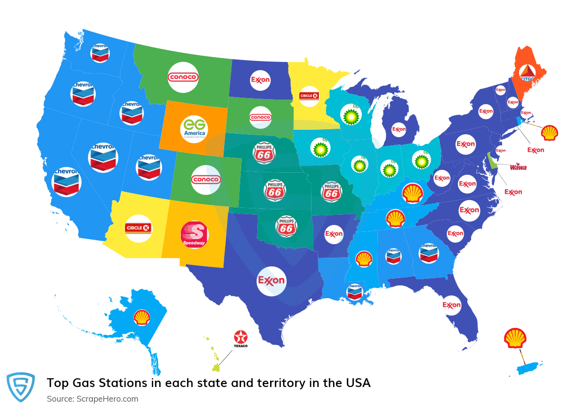 Map of top gas stations in each state and territory in the United States in 2022
