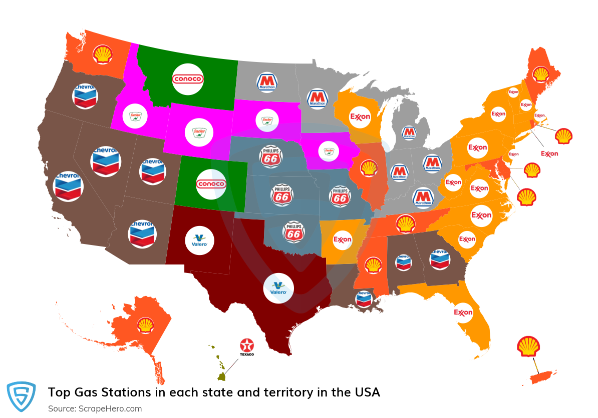 Map of top gas stations in each state and territory in the United States in 2025