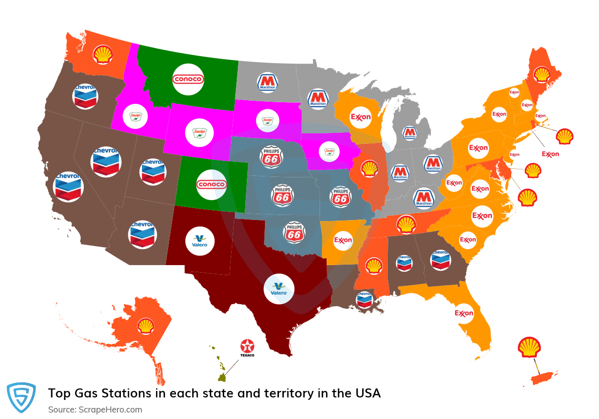 Map of top gas stations in each state and territory in the United States in 2024