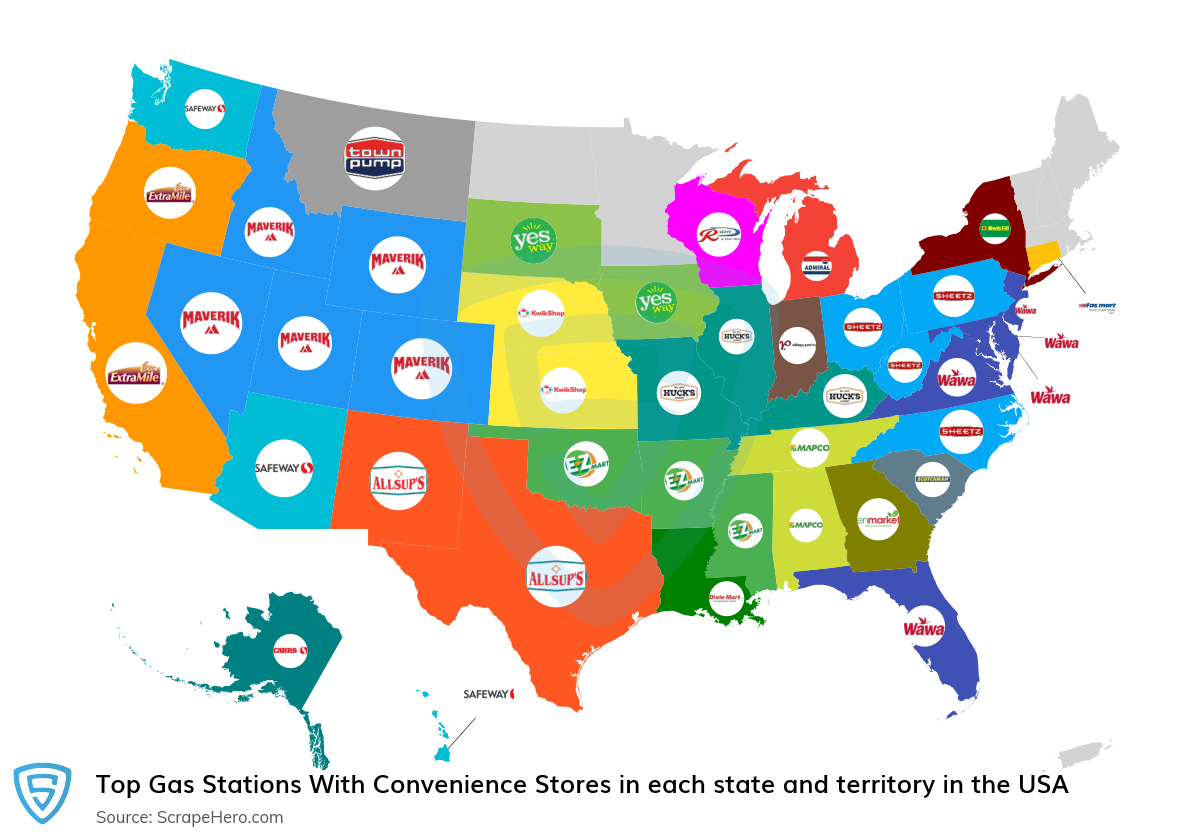 Map of top gas stations with convenience stores in each state and territory in the United States in 2025