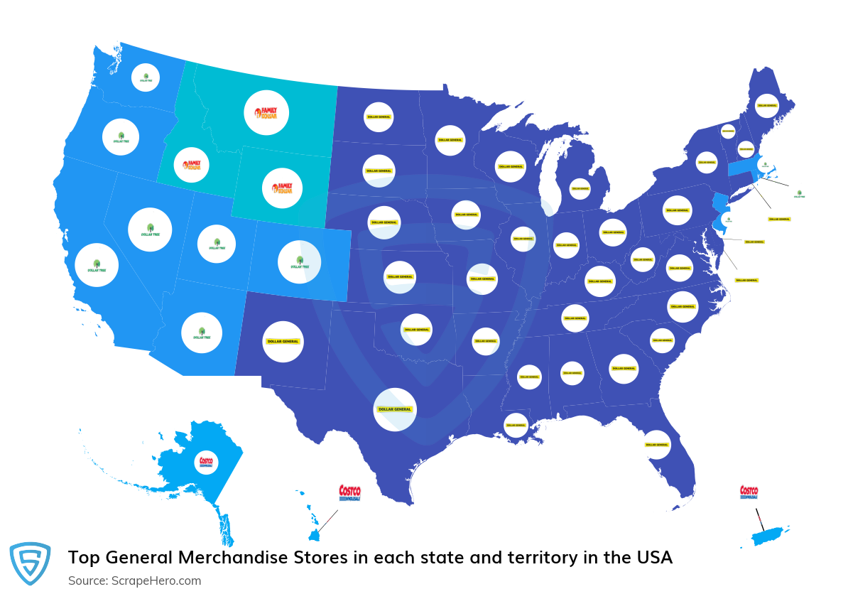 Map of largest general merchandise stores in each state and territory in the United States in 2025
