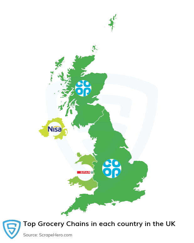 Map of top grocery chains in each country in the United Kingdom in 2025
