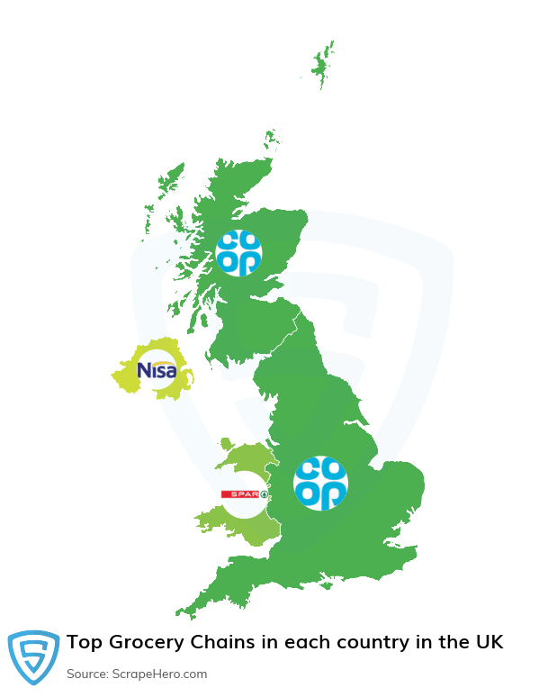 Map of top grocery chains in each country in the United Kingdom in 2024