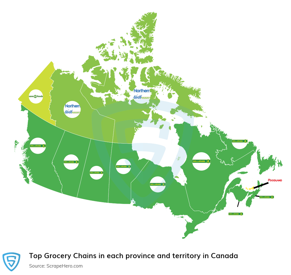 Map of top grocery chains in each province and territory in Canada in 2025