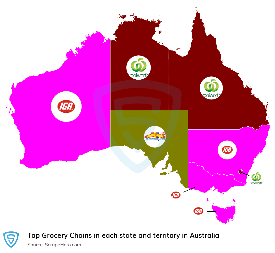Map of top grocery chains in each state and territory in Australia in 2025