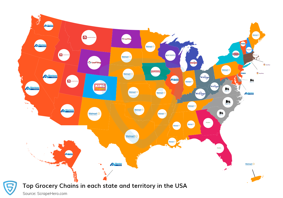 Map of top grocery chains in each state and territory in the United States in 2021