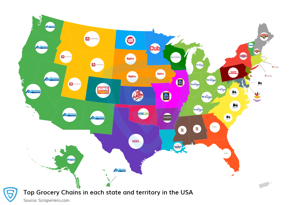 Map of top grocery chains in each state and territory in the United States in 2024