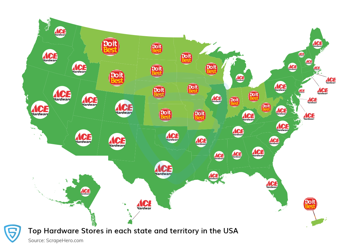 Map of largest hardware stores in each state and territory in the United States in 2025